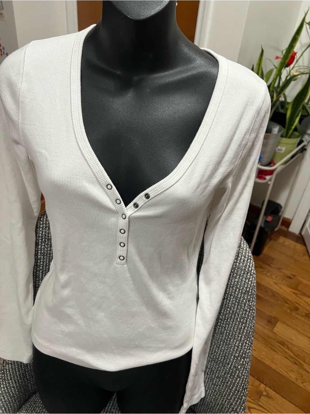 Abercrombie & Fitch White Ribbed Henley Long-Sleeve Top